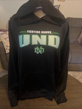 UND Fighting Hawks Black Hoodie with Green and White Logo